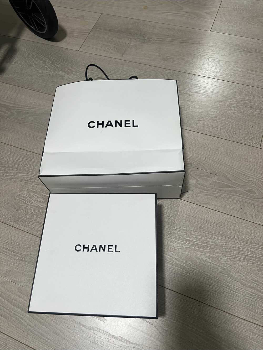 CHANEL White and Black Logo Gift Box & Bag Set